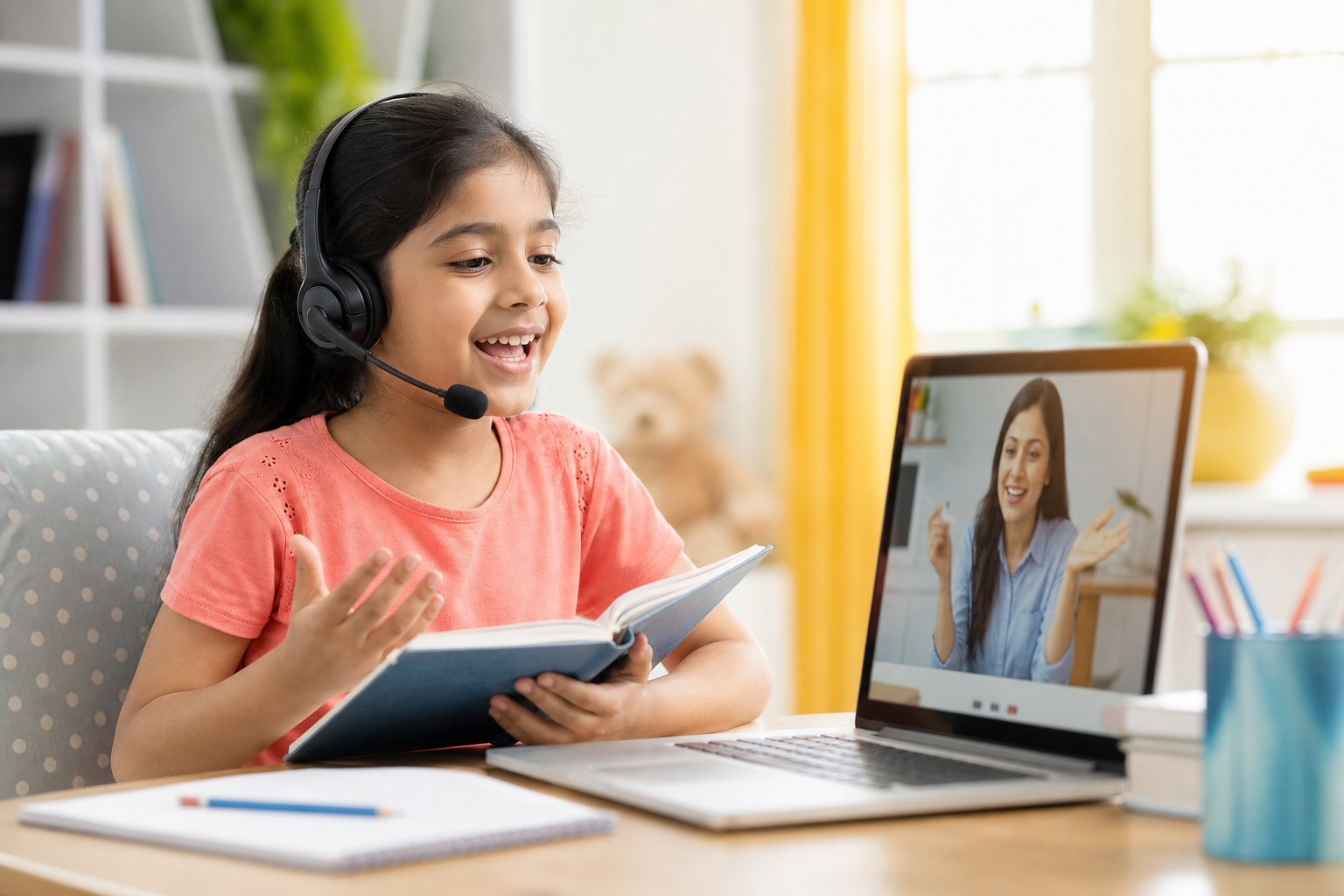 Child practising English speaking online