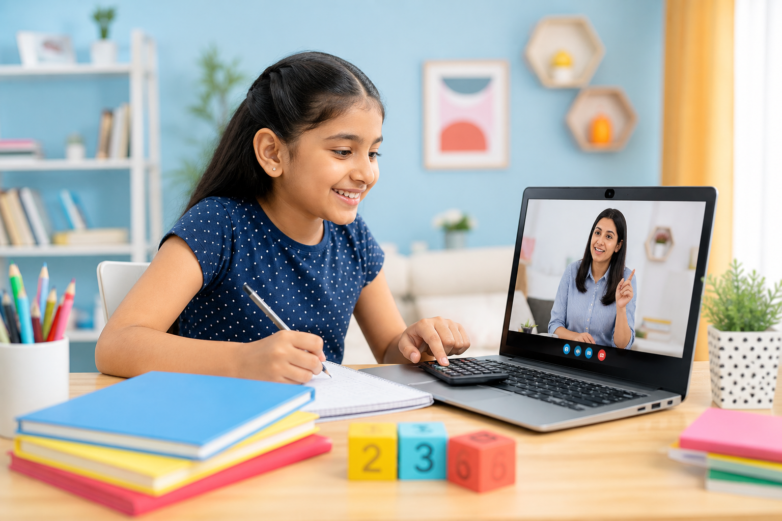 Child learning Maths online with a teacher