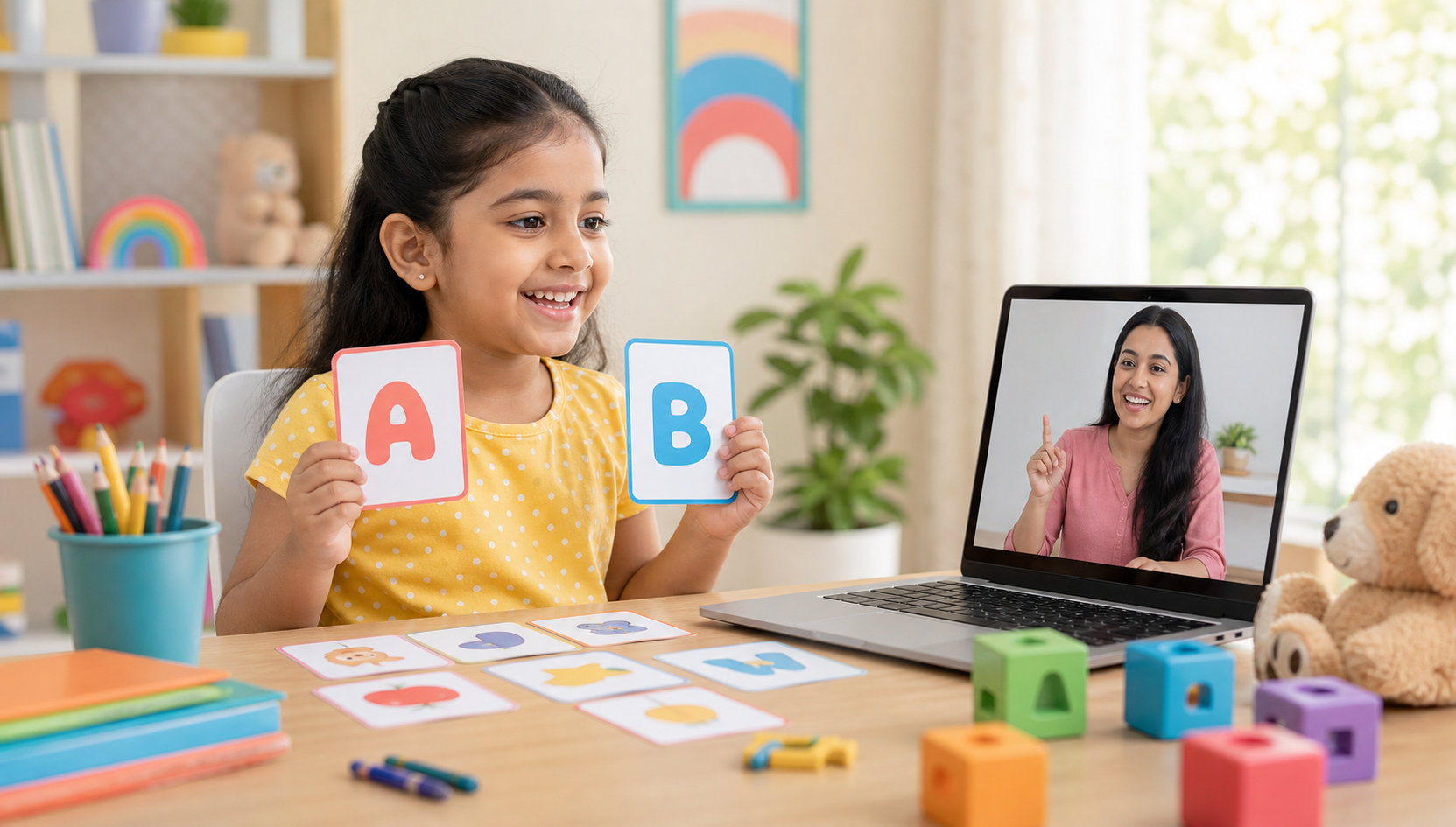 Kindergarten child learning phonics online