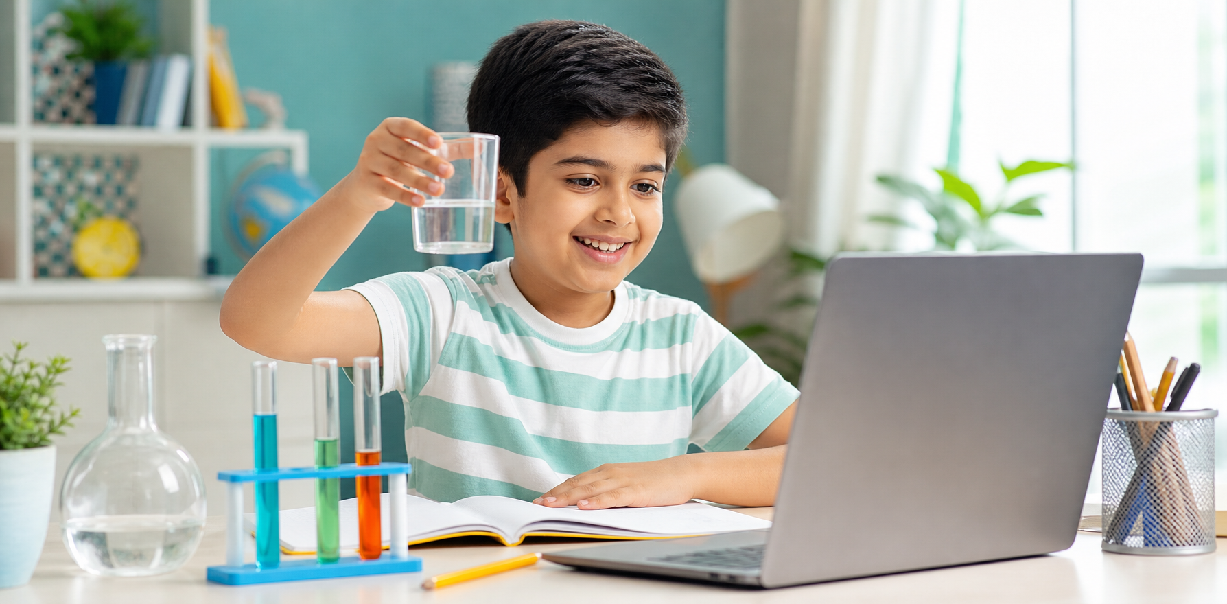 Child doing a safe science activity in an online class